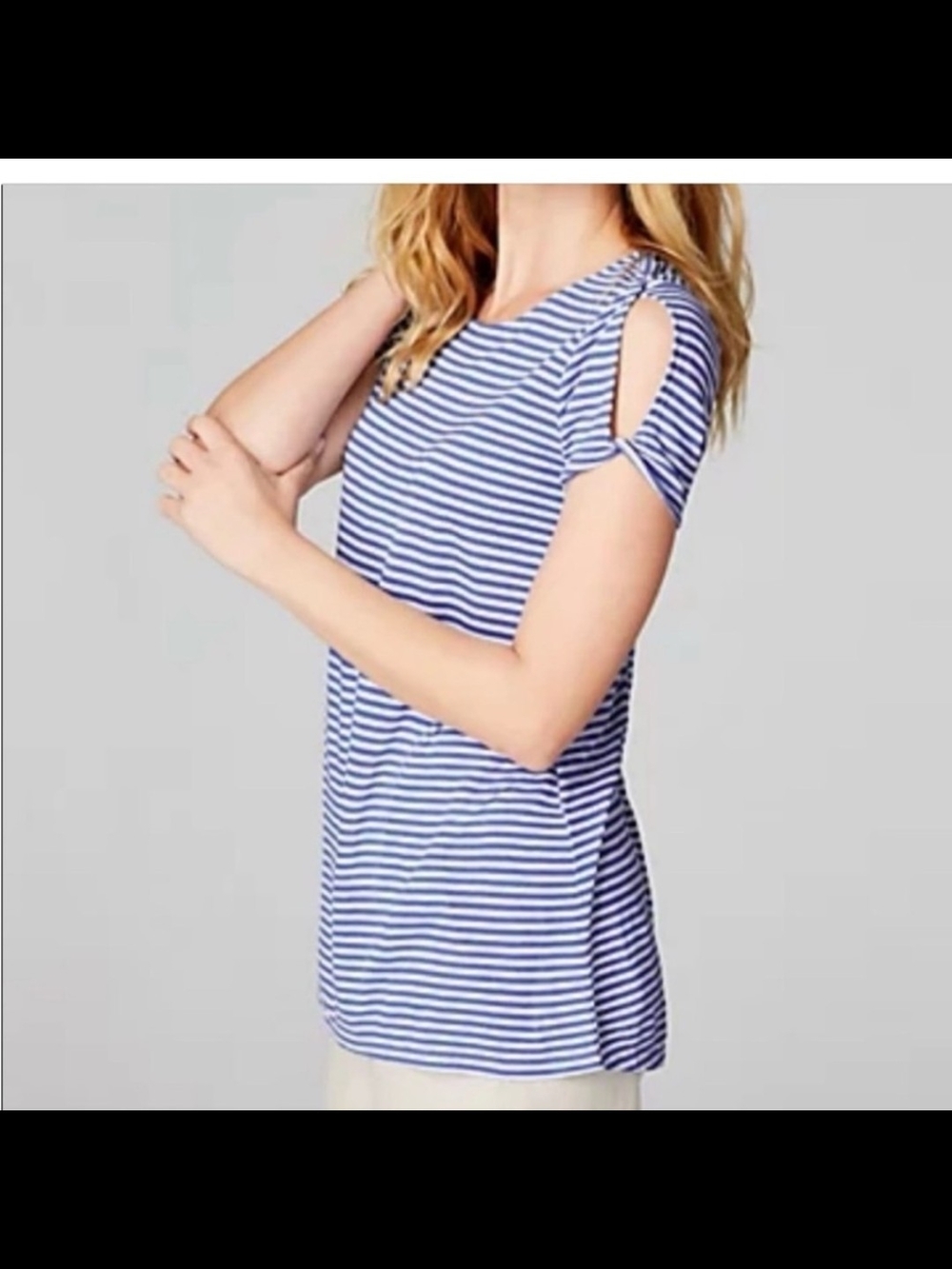 J. Jill Blue and White Striped Cold-Shoulder Tee. Size Large
